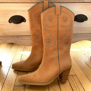 Franco Sarto camel and turquoise boot